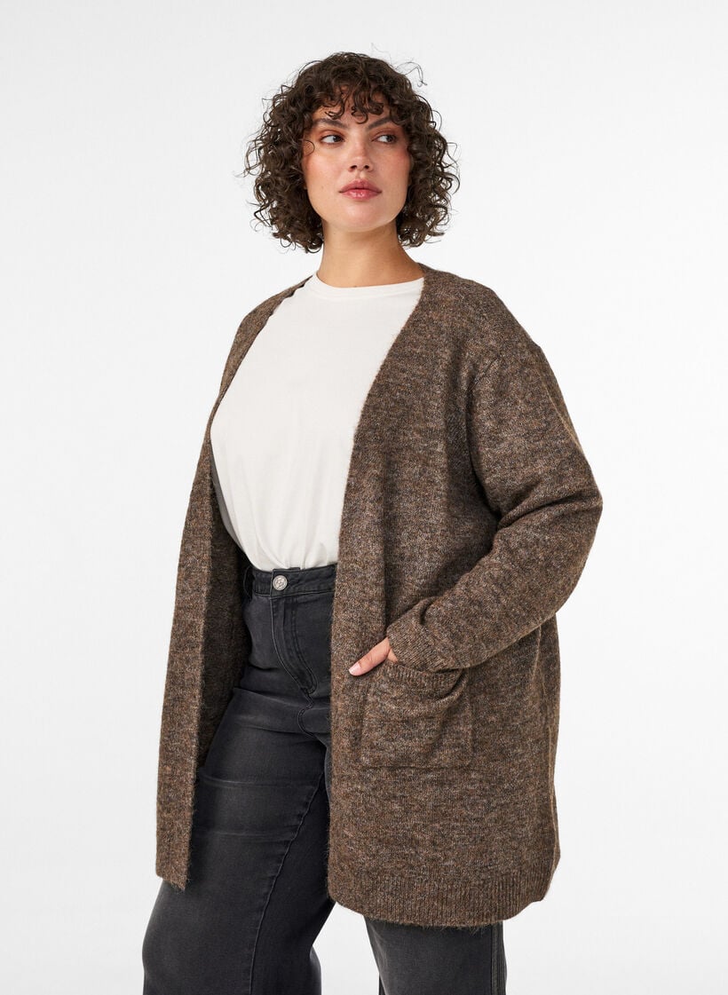 Lange Strickjacke mit Taschen, Braun, Model image number 0