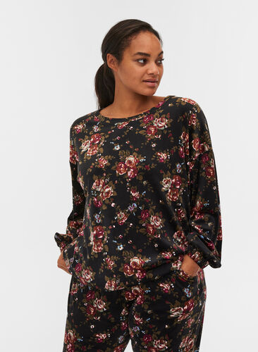 Bluse aus Velours mit Blumenprint und langen Ärmeln, Flower AOP, Model image number 0