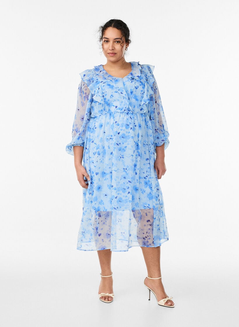 Gebl&uuml;mtes Kleid aus Chiffon mit R&uuml;schen und langen &Auml;rmeln, Blau, Model image number 0