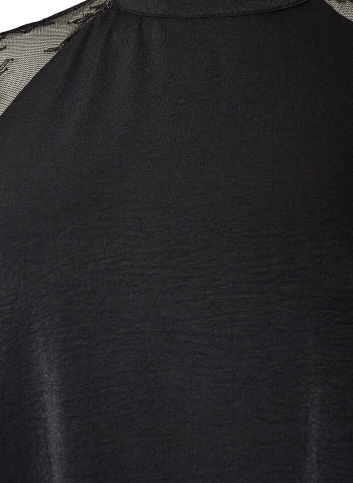 Bluse mit kurzen &Auml;rmeln aus Spitze und hohem Kragen, Schwarz, Packshot image number 2