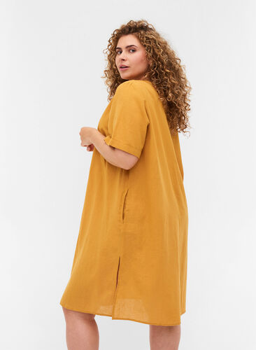 Kurzarm Kleid aus Baumwollmischung mit Leinen, Honey Mustard, Model image number 1