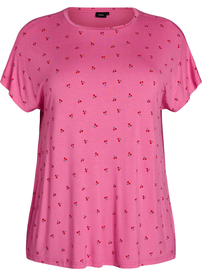 Pyjama-T-Shirt aus Viskose mit Allover-Print, Pink, Packshot image number 0