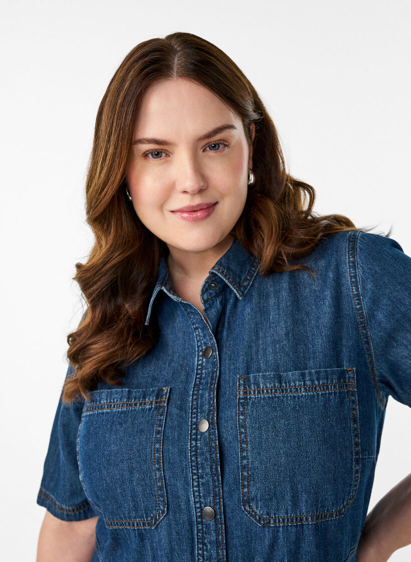 Jeanshemdkleid mit kurzen &Auml;rmeln, Blau, Model image number 2