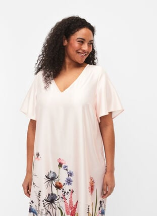 Midi-Kleid mit Blumendruck und kurzen Ärmeln, White Sand, Model image number 2