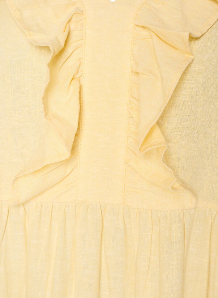 &Auml;rmelloses Midikleid aus Leinen und Viskose mit R&uuml;schen, Gelb, Packshot image number 2