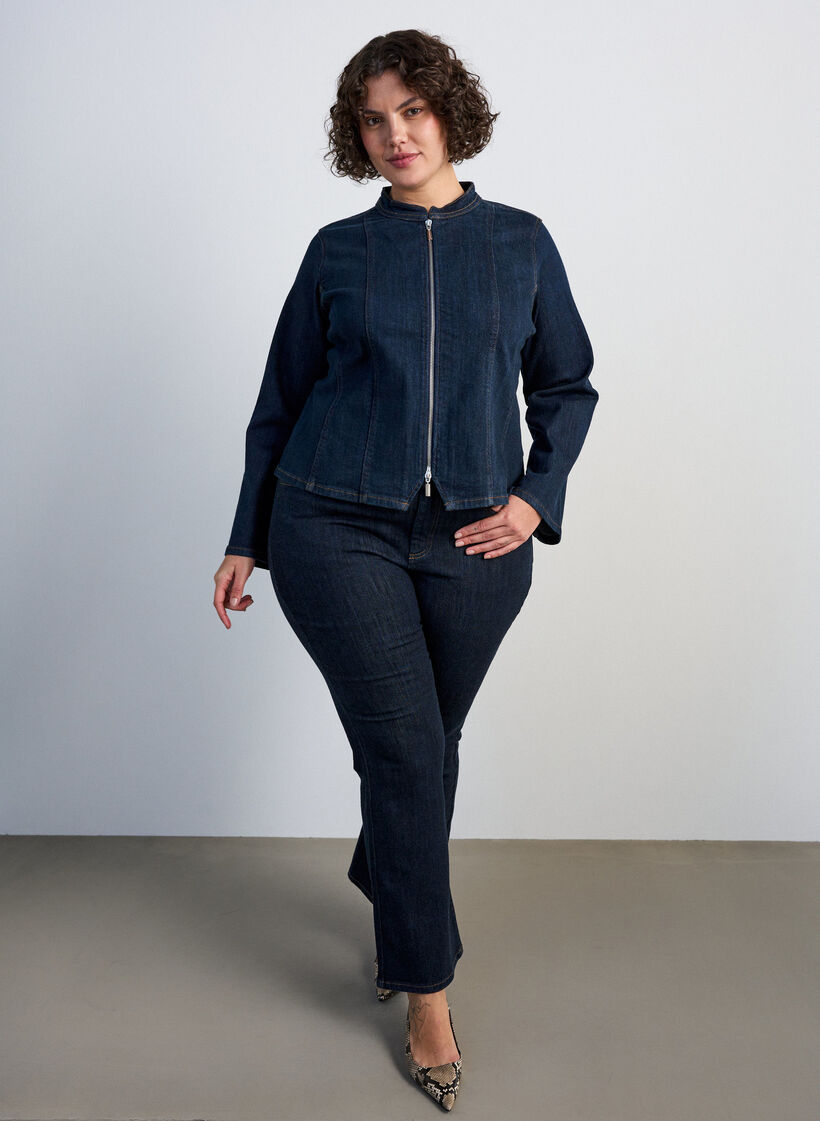 Figurbetonte Jeansjacke mit Rei&szlig;verschluss, Blau, Model image number 1