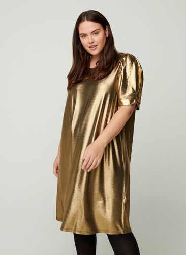 Kleid mit kurzen Puffärmeln und A-Linie, Gold, Model image number 0