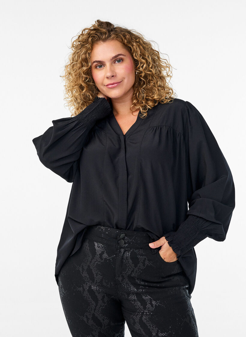 Bluse mit R&uuml;schenkragen und Raffung, Schwarz, Model image number 0