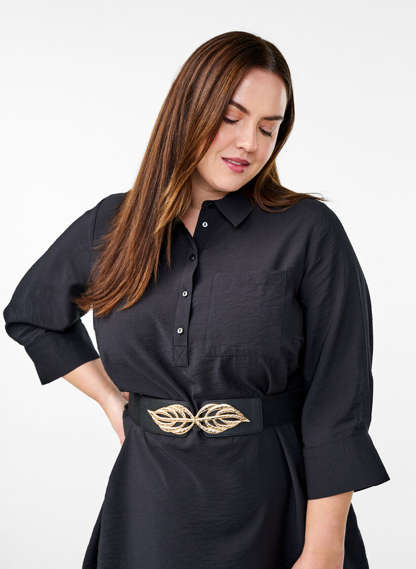 Elastischer Taillengürtel mit goldfarbener Blätter-Schnalle, Black, Model image number 0