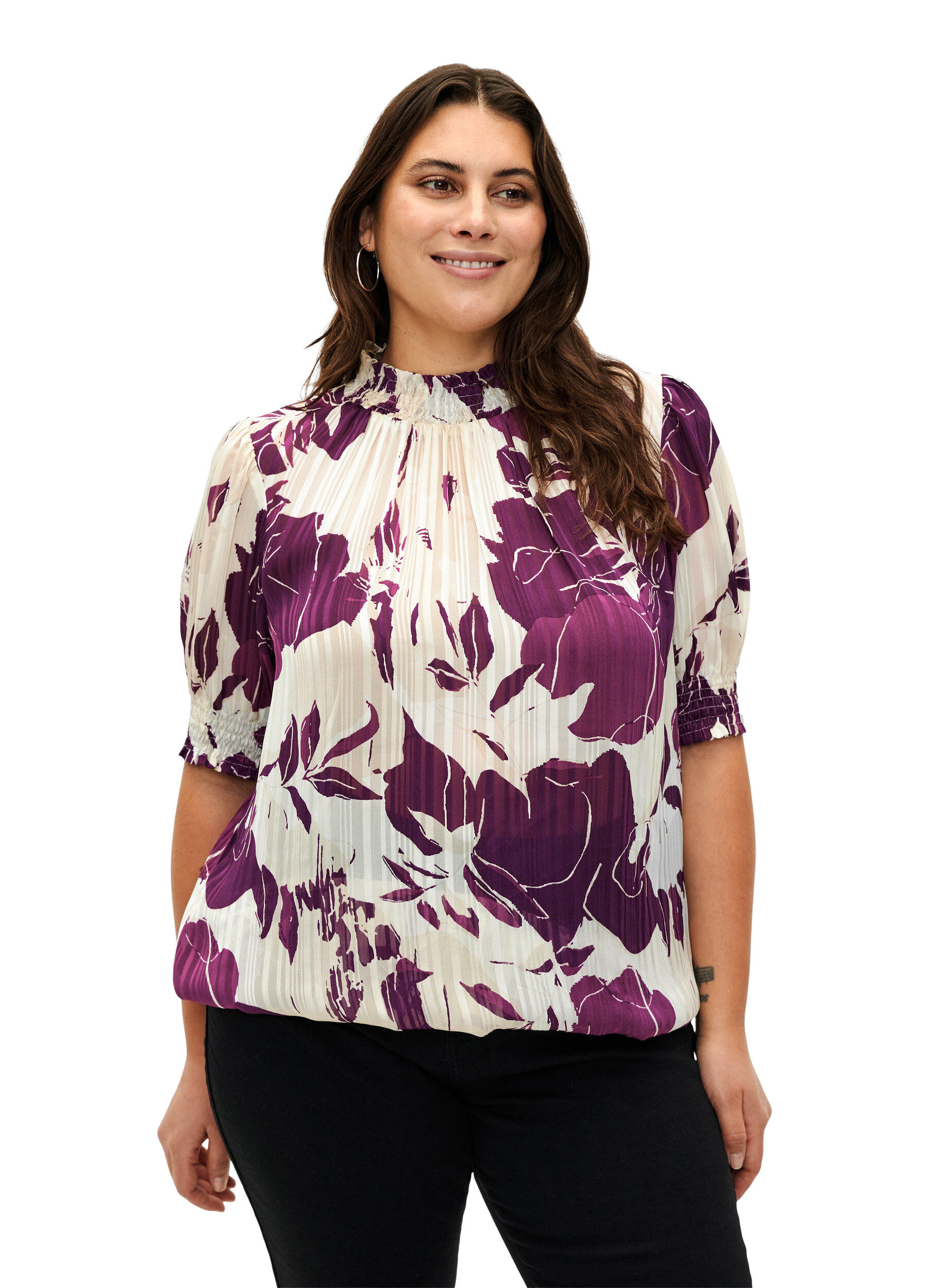 ZizziKurz&auml;rmelige gesmokte Bluse mit Print, D.Purple Graphic AOP, Model image number 0