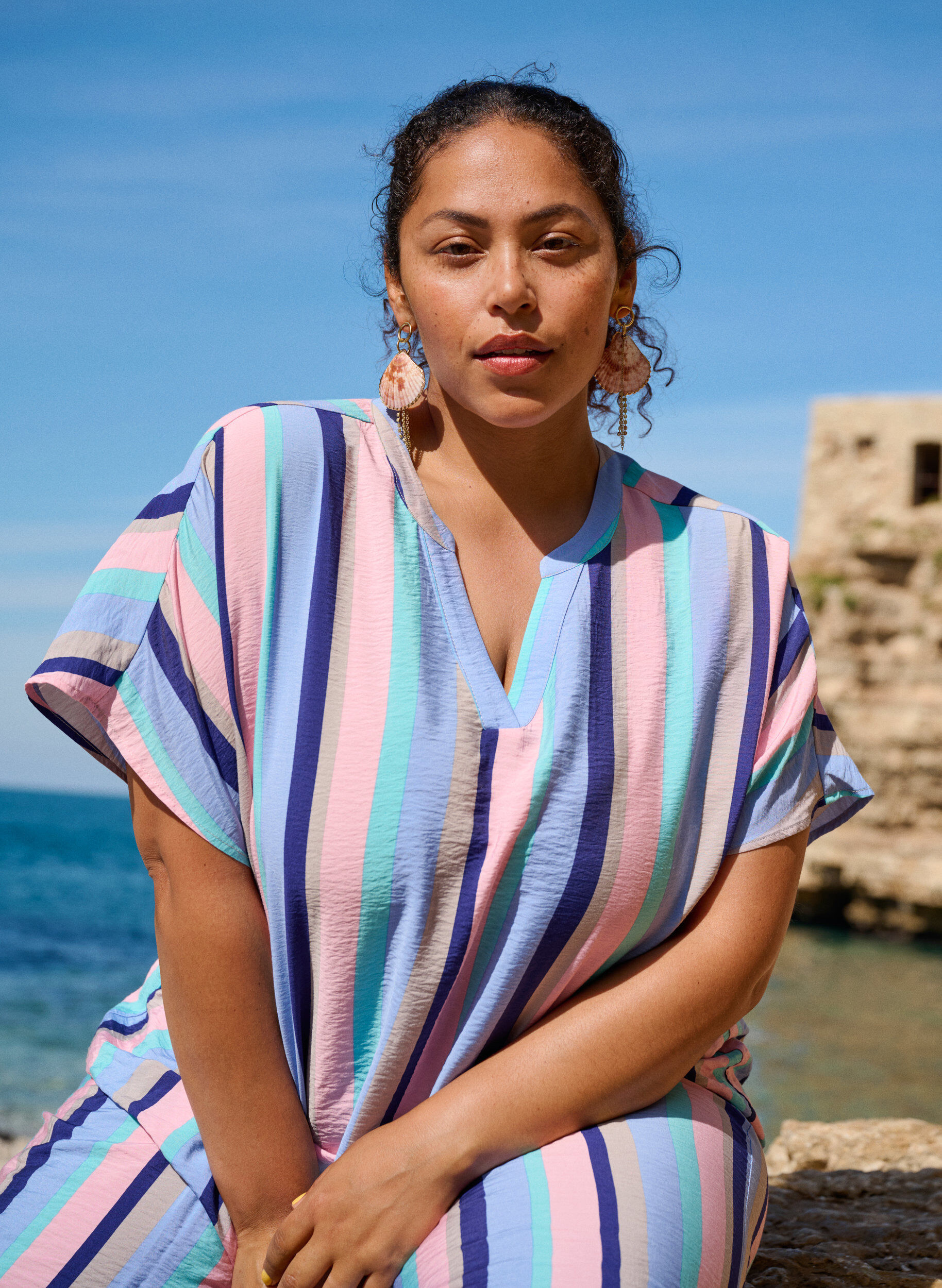 ZizziGestreifte Viskose-Bluse mit kurzen &Auml;rmeln, Blau, Image image number 0