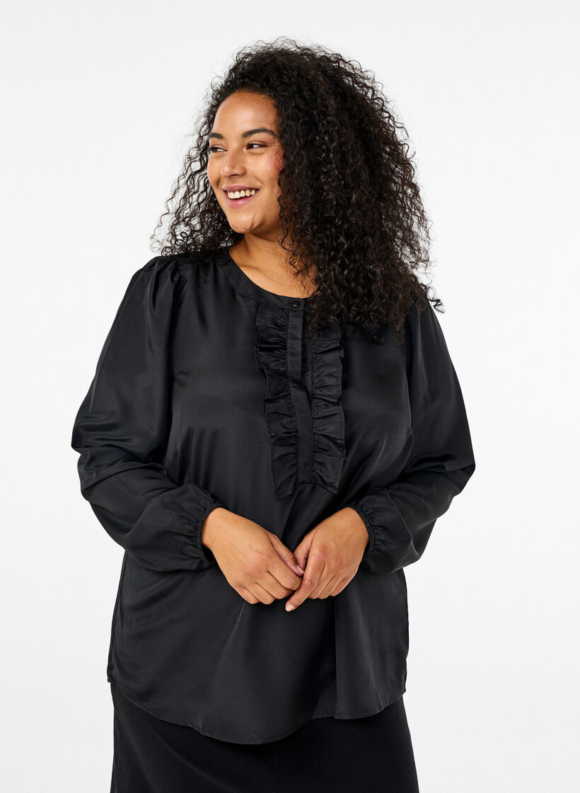 Satinbluse mit Volantdetails, Black, Model image number 0