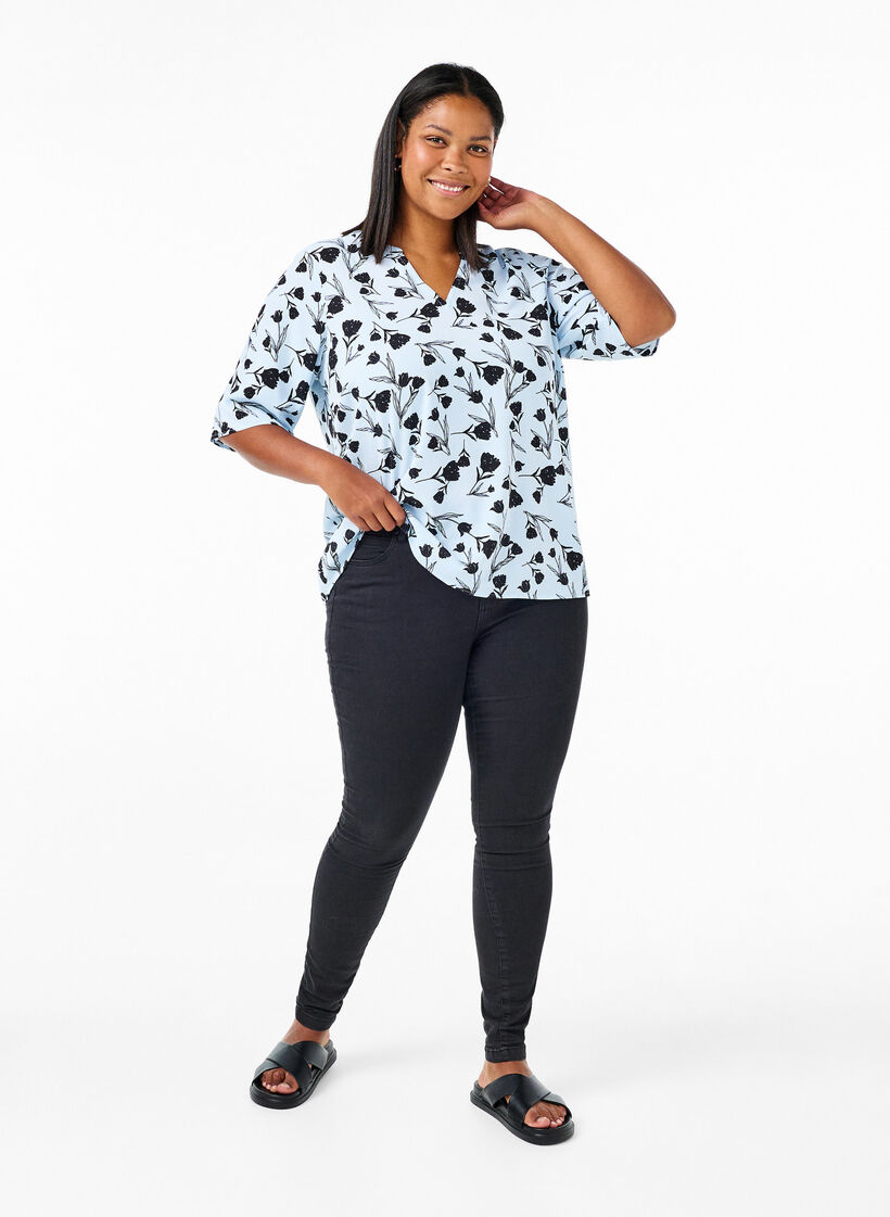 Bluse mit V-Ausschnitt und Blumendruck, Cashmere Blue Flower, Model image number 2