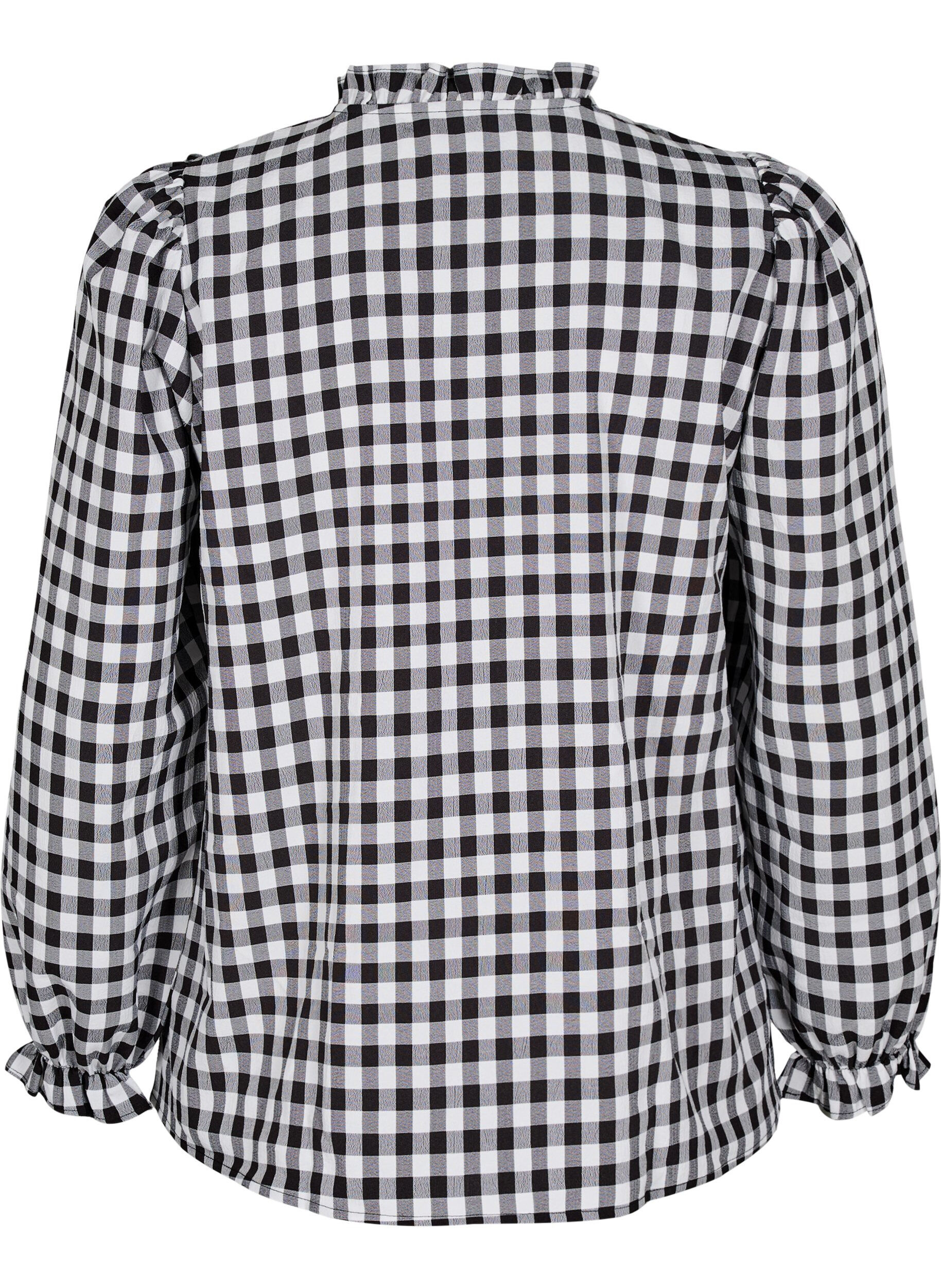 ZizziKarierte Bluse mit R&uuml;schendetails, Black/W. Gingham, Packshot image number 1