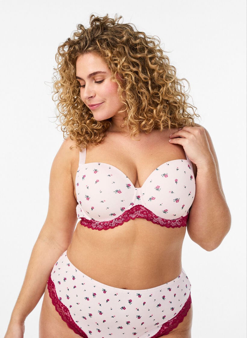 Vorgeformter BH mit Blumenmuster und Spitze, Rot, Model image number 0