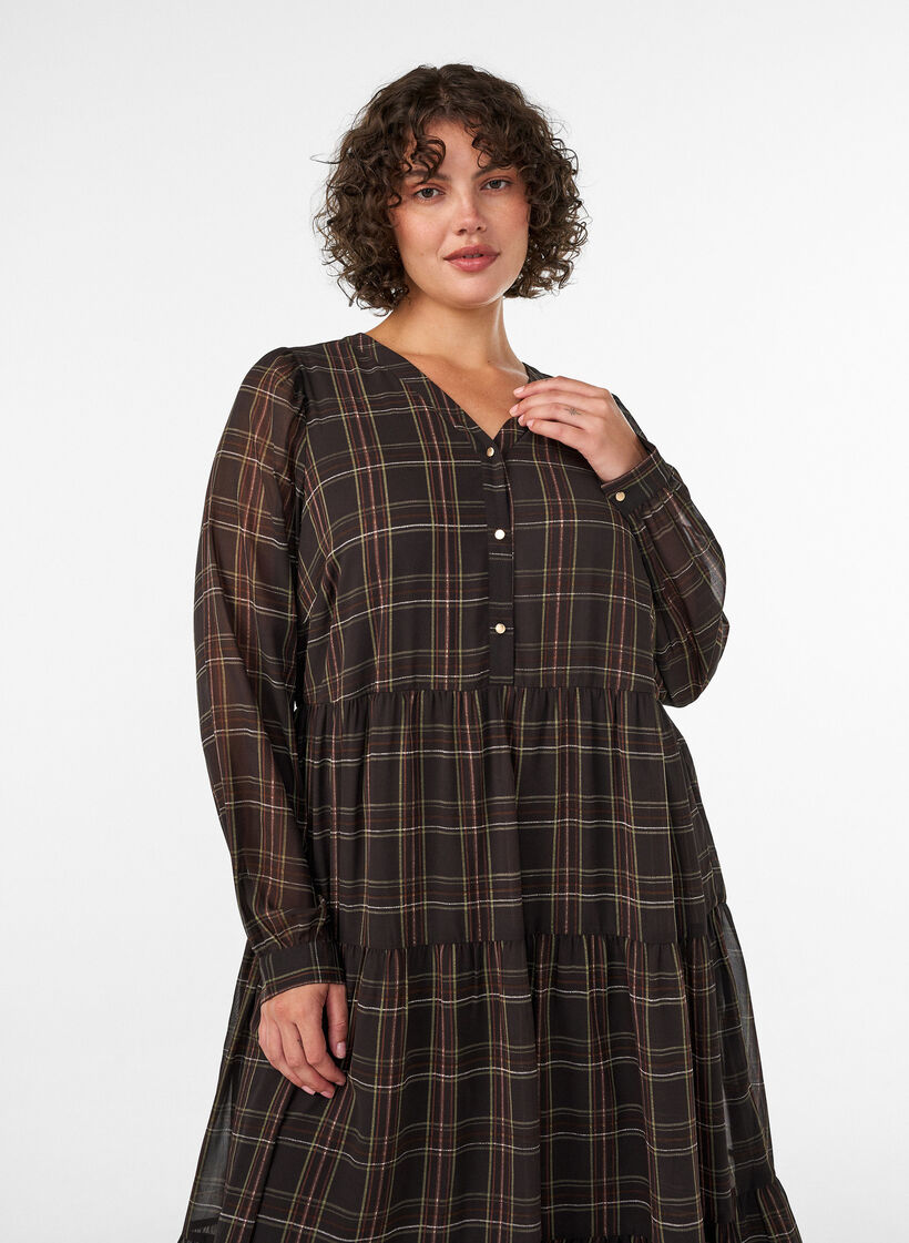 Kariertes Midikleid mit Stufenrock, Braun, Model image number 2