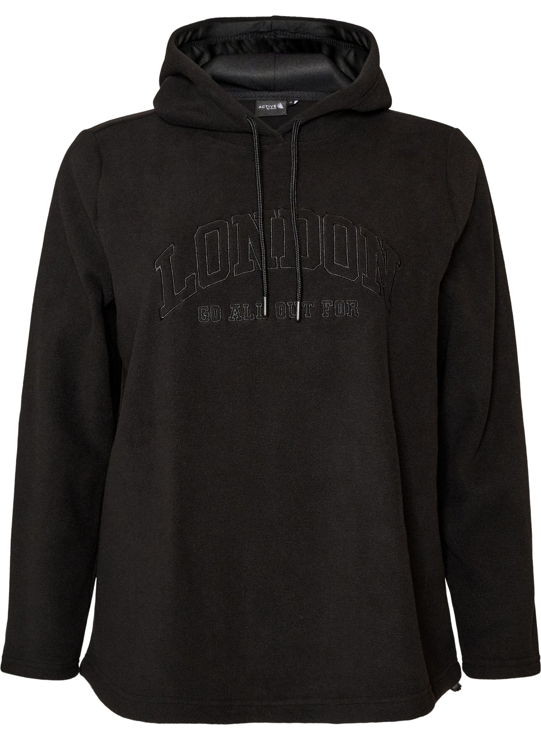 ZizziHoodie aus Fleece mit hohem Kragen und aufgesticktem Text, Schwarz, Packshot image number 0
