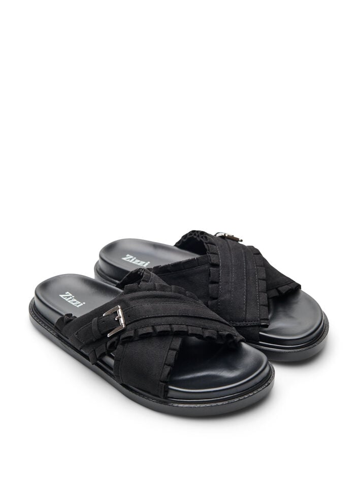 Sandalen mit &uuml;berkreuzten Riemen und R&uuml;schenkanten, Schwarz, Packshot image number 1