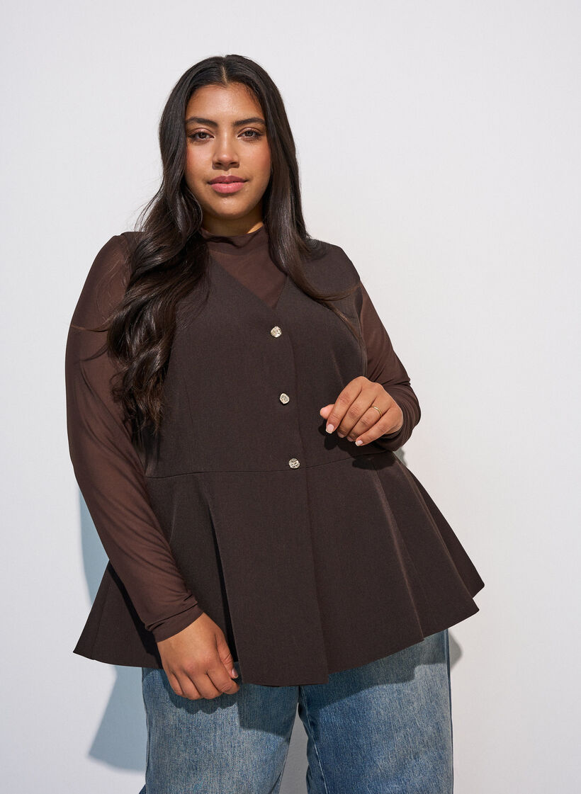 Enganliegende Mesh-Bluse mit langen &Auml;rmeln, Braun, Model image number 0