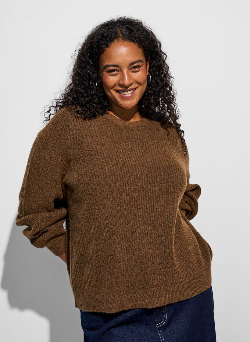 Gerippter Pullover mit Ballon&auml;rmeln, Braun, Model image number 0
