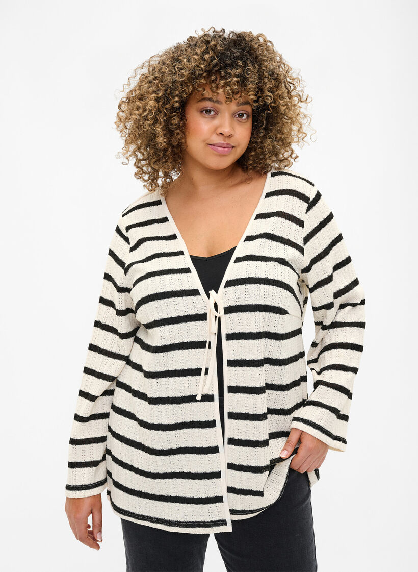 Gestreifte Strickjacke mit Bindeband, Sand Black Stripe, Model image number 0