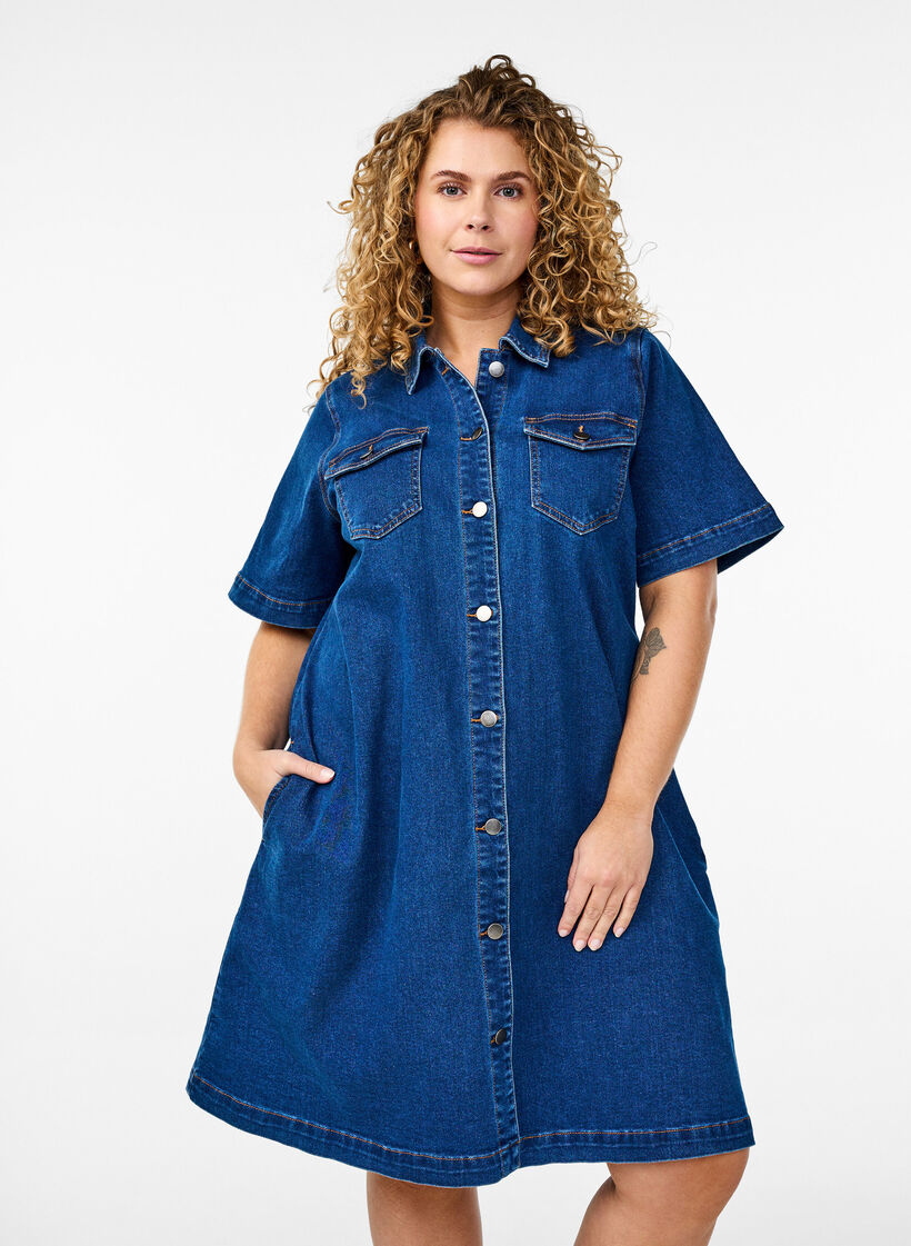 Jeanskleid mit Kn&ouml;pfen und kurzen &Auml;rmeln, Blau, Model image number 0