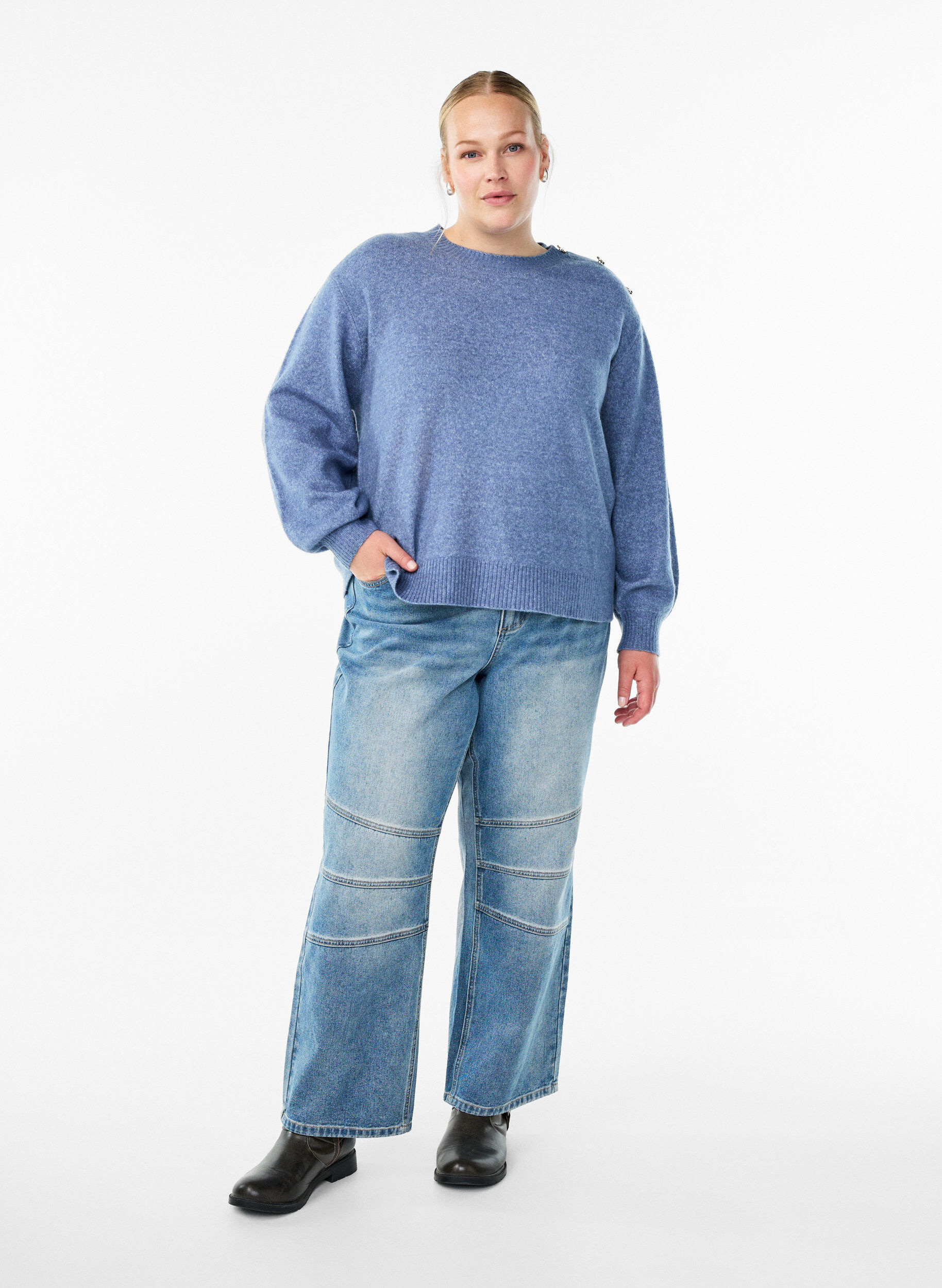 ZizziStrickbluse mit Knopfleiste, Blau, Model image number 1