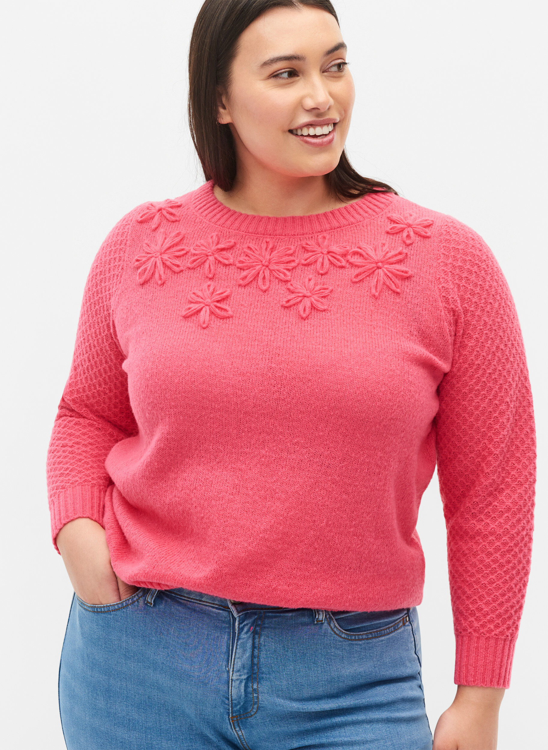 ZizziStrickbluse mit Blumendetails, Hot Pink, Model image number 2