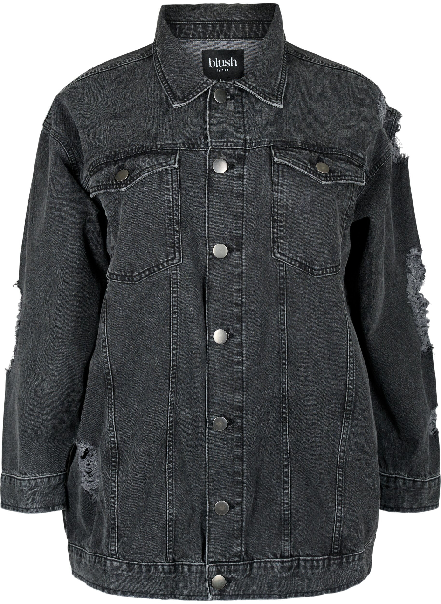 ZizziLocker sitzende Jeansjacke mit Abnutzungsdetails, Dark Grey Denim, Packshot image number 0