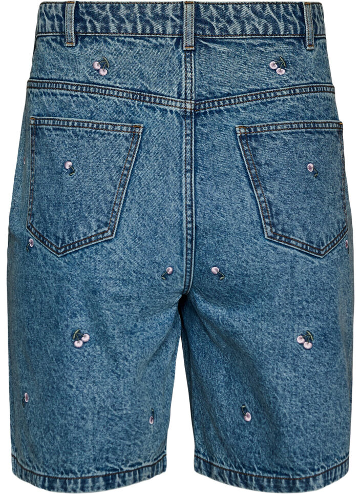 Hoch taillierte Denimshorts mit bestickten Motiven, Blau, Packshot image number 1