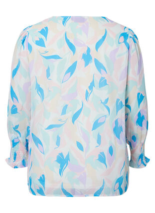Geblümte Bluse mit langen Ärmeln und V-Ausschnitt, White/Pastel Leaf, Packshot image number 1