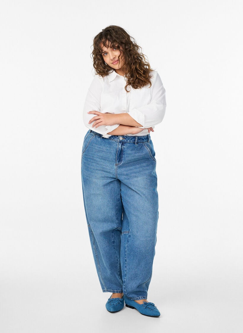 Hoch taillierte Barrel-Jeans, Blau, Model image number 0
