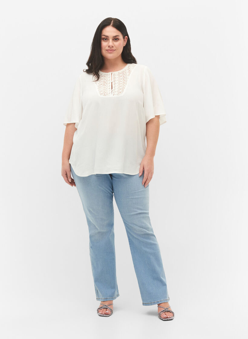 Viskose Bluse mit 1/2 Ärmeln und Stickerei-Detail, Snow White, Model image number 2