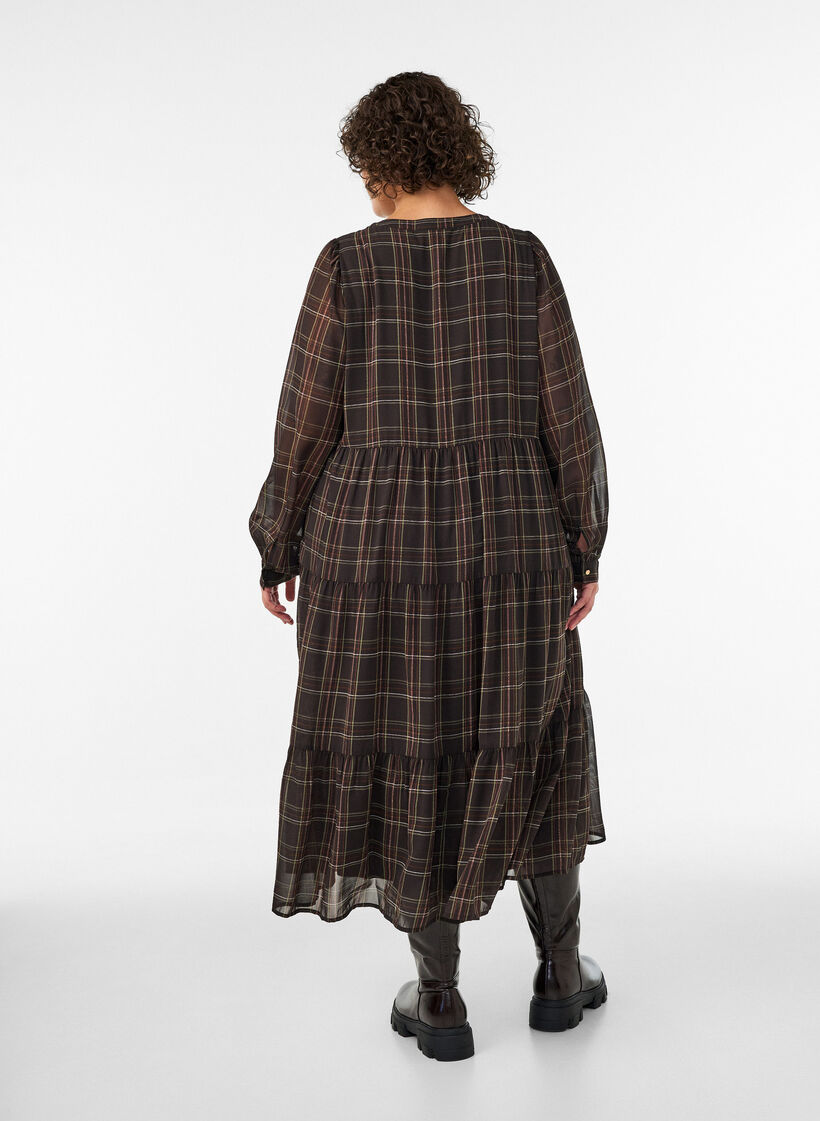 Kariertes Midikleid mit Stufenrock, Braun, Model image number 1