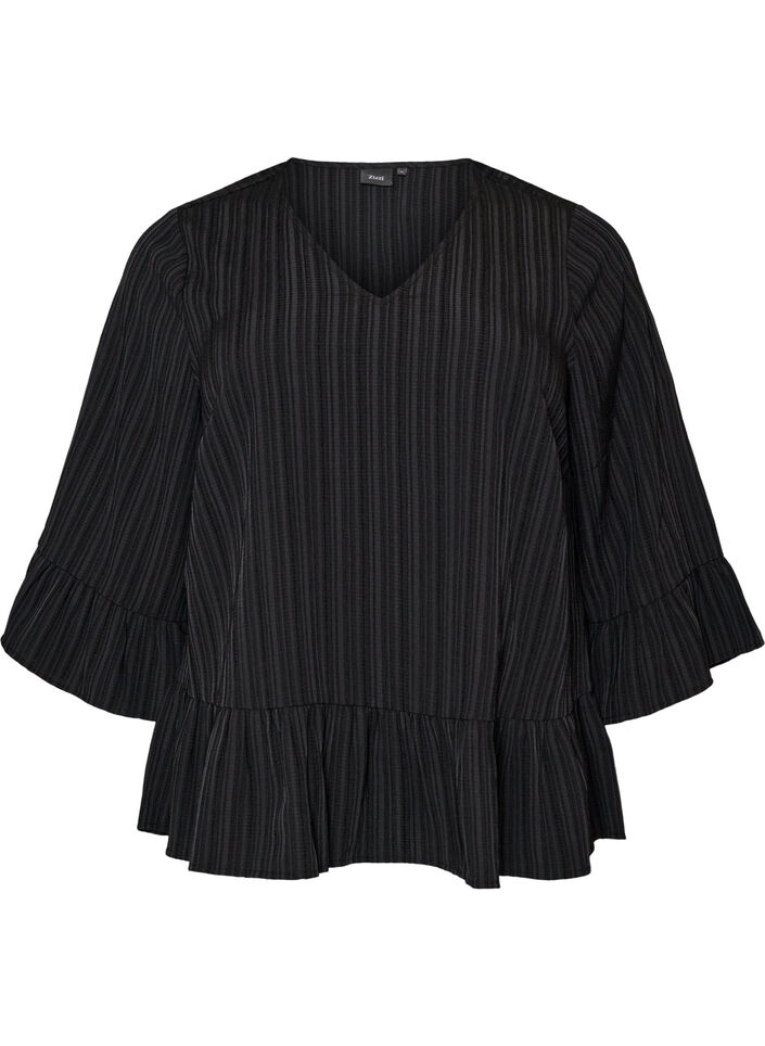 Bluse mit Struktur, V-Ausschnitt und R&uuml;schen, Schwarz, Packshot image number 0