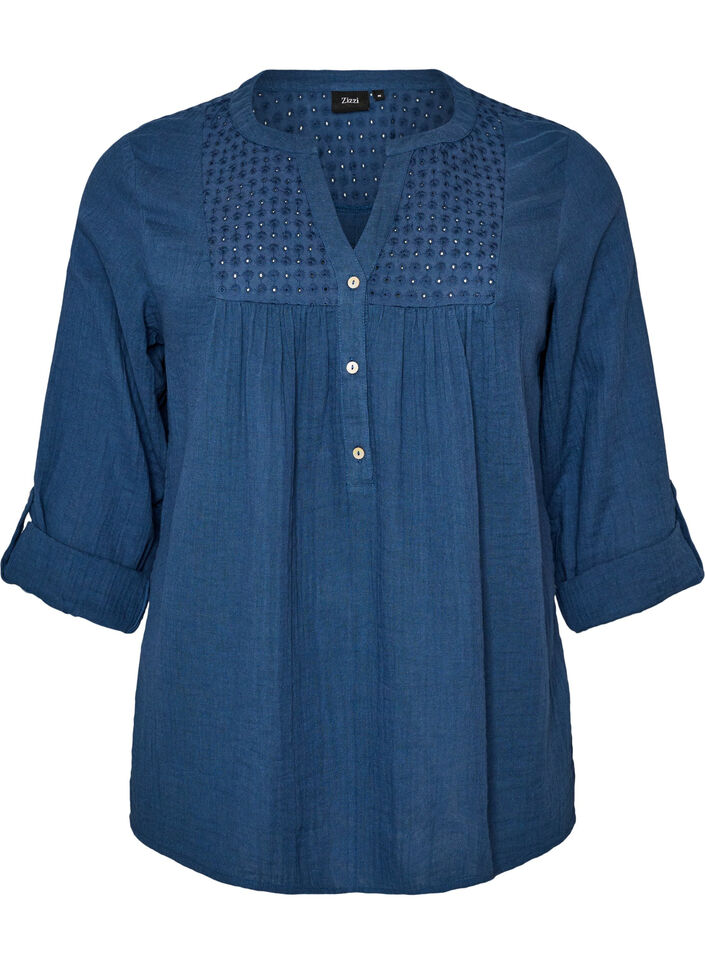 Bluse aus Baumwollmusselin mit Lochstickerei, Blau, Packshot image number 0