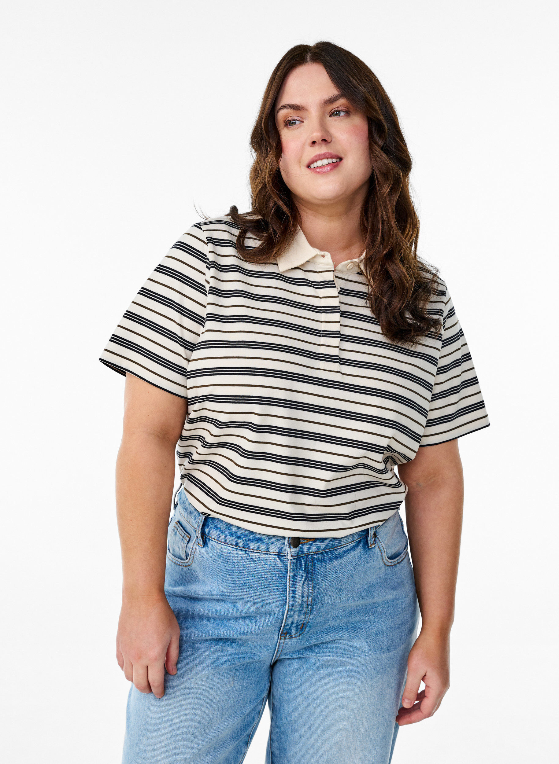 Poloshirt mit Streifen und kurzen &Auml;rmeln, Wei&szlig;, Model