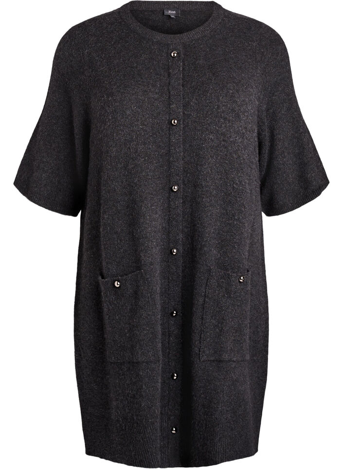 Kurzes Strickkleid mit kurzen Ärmeln und Kugelknöpfen, Grau, Packshot image number 0