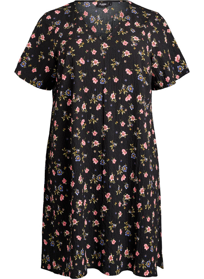 Kleid mit kurzen &Auml;rmeln und V-Ausschnitt, Schwarz, Packshot image number 0