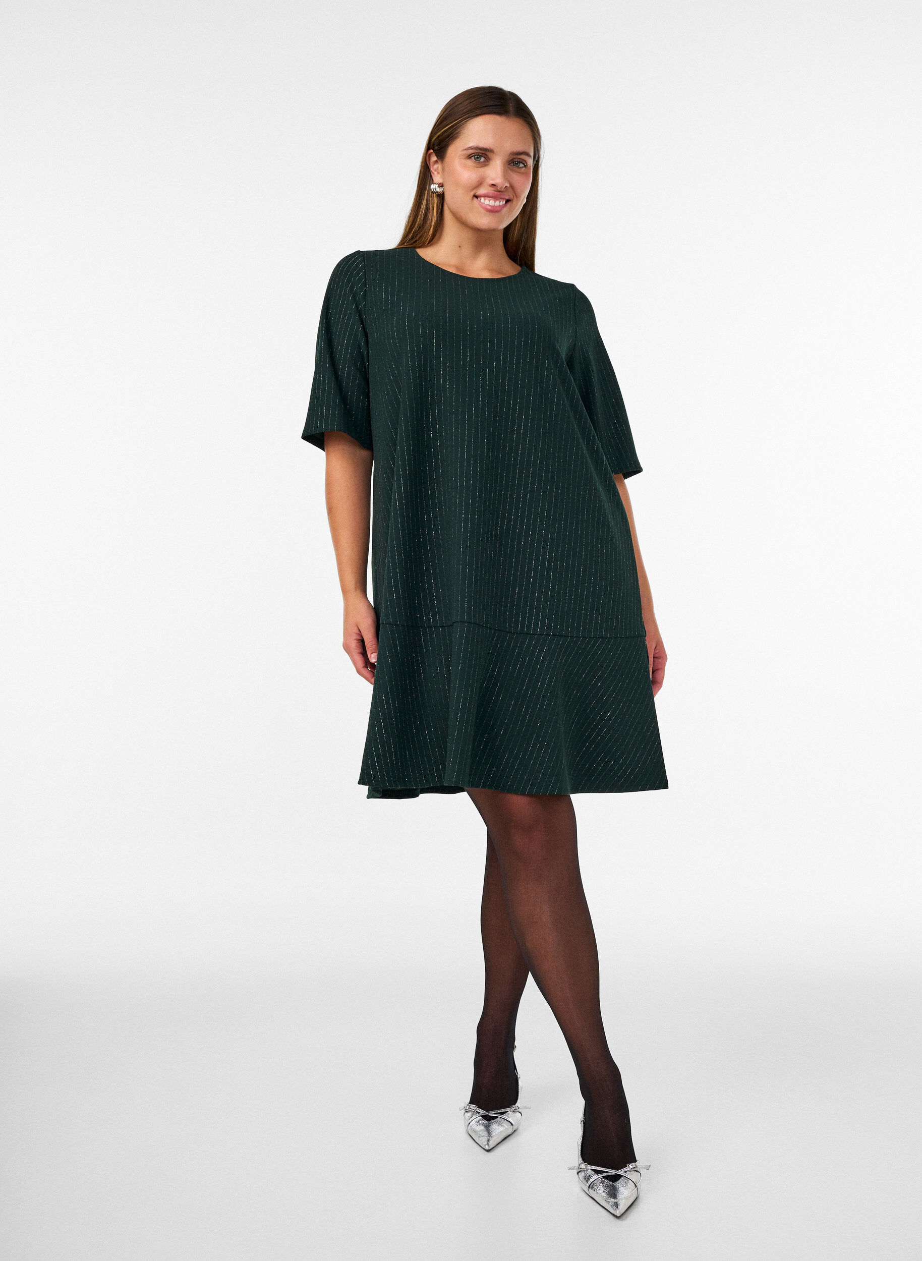 ZizziKurzes A-Linien-Kleid mit Glitzerstreifen, Gr&uuml;n, Model image number 1