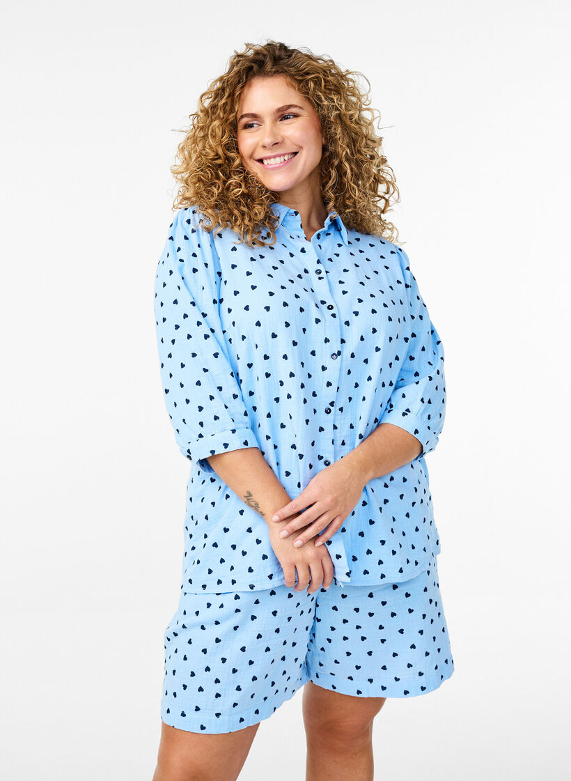 Shorts aus Baumwoll-Musselin mit Herzen, Blau, Model image number 0