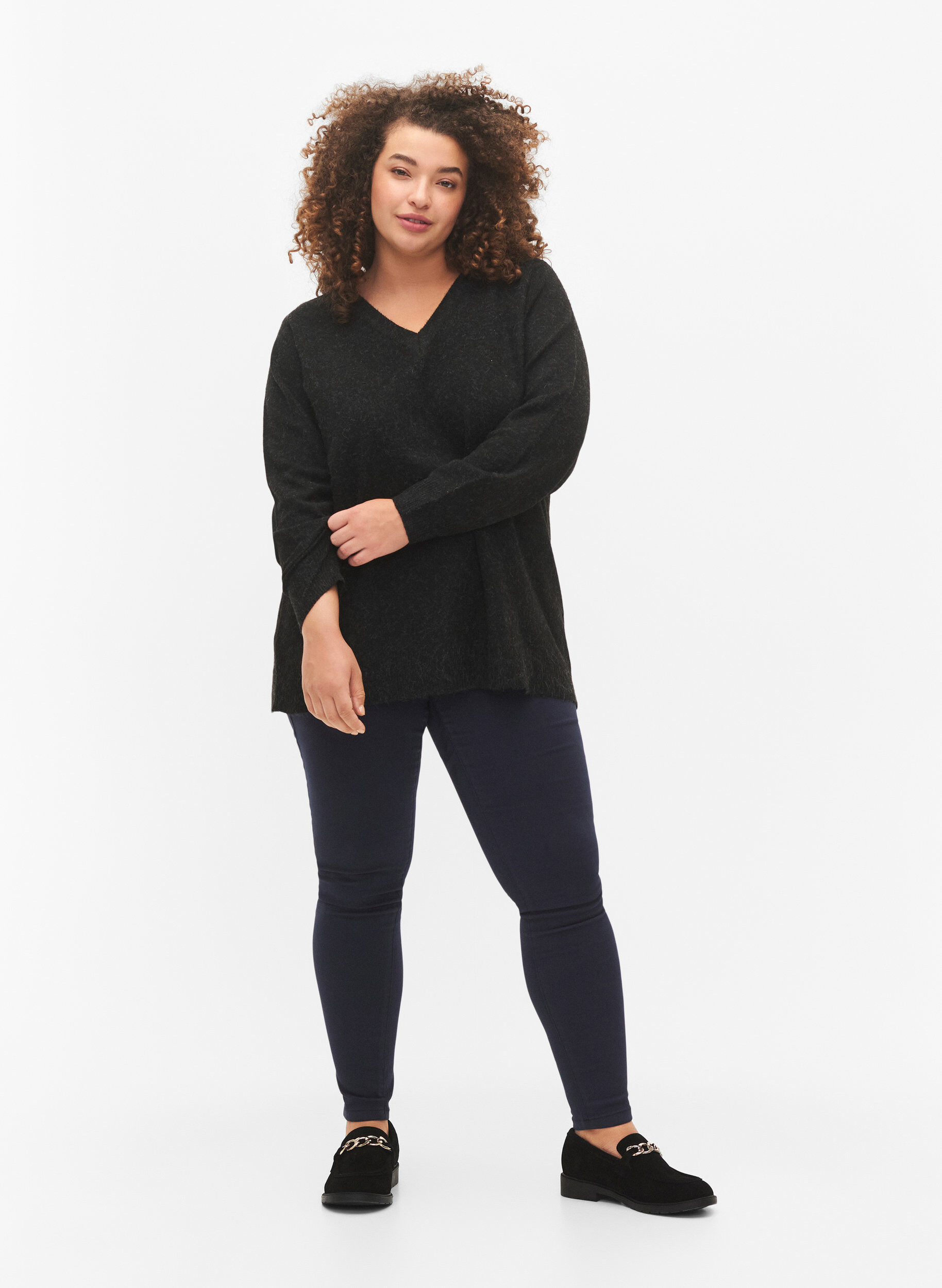 ZizziMelange Pullover mit V-Ausschnitt, Dark Grey Melange, Model image number 2