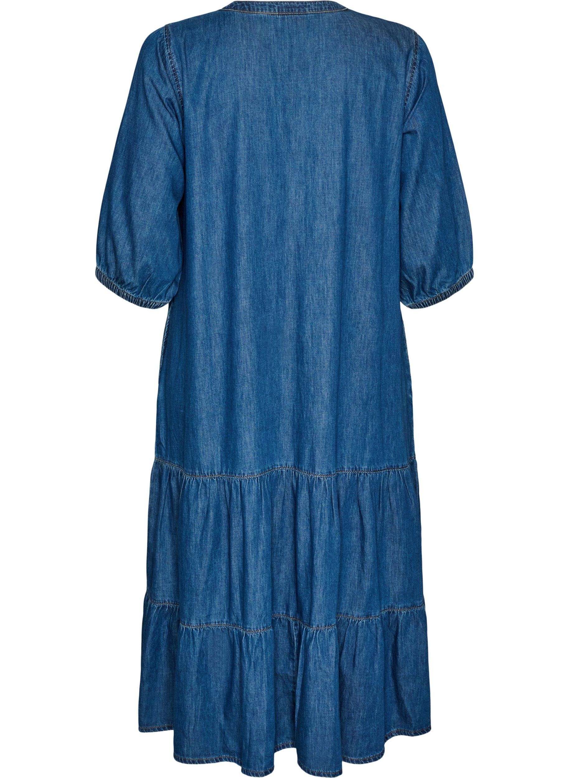ZizziMaxikleid aus Denim mit ger&uuml;schten Stufen, Blau, Packshot image number 1