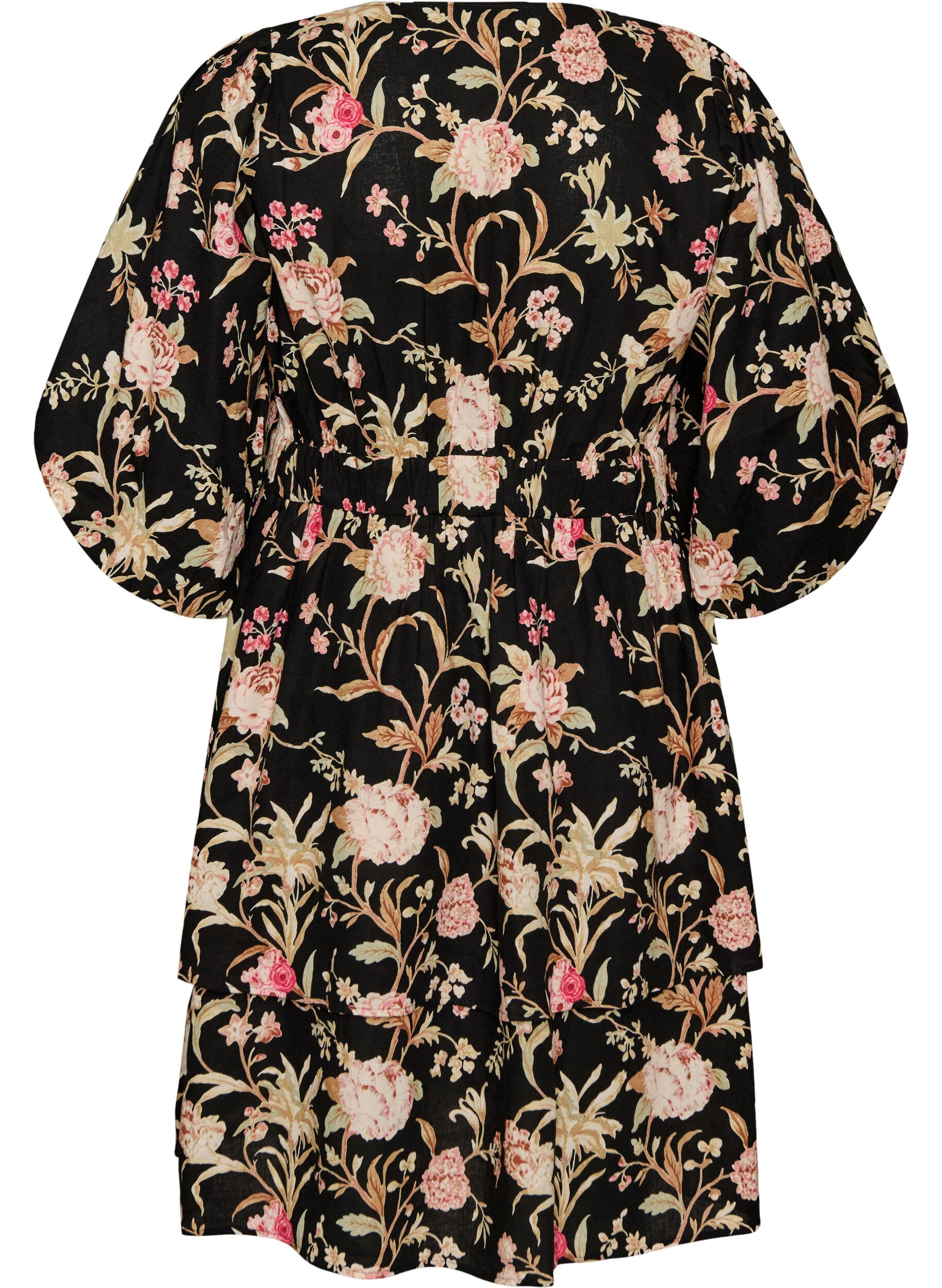 ZizziGebl&uuml;mtes Kleid aus Leinen und Viskose mit Empire-Linie, Schwarz, Packshot image number 1
