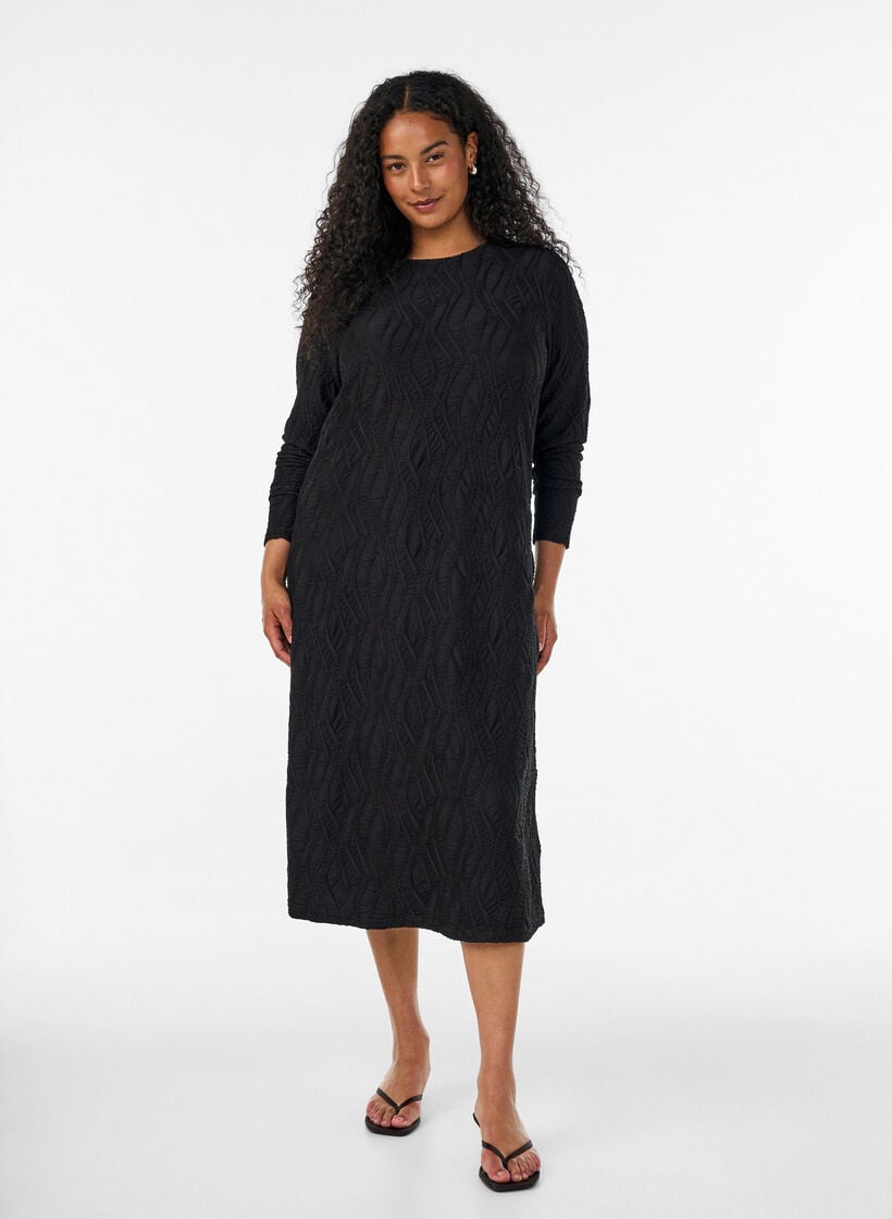 Midikleid mit gewellter Struktur und langen &Auml;rmeln, Schwarz, Model image number 0