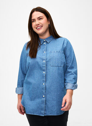 Langärmeliges Jeanshemd mit Brusttasche, Light Blue Denim, Model image number 0