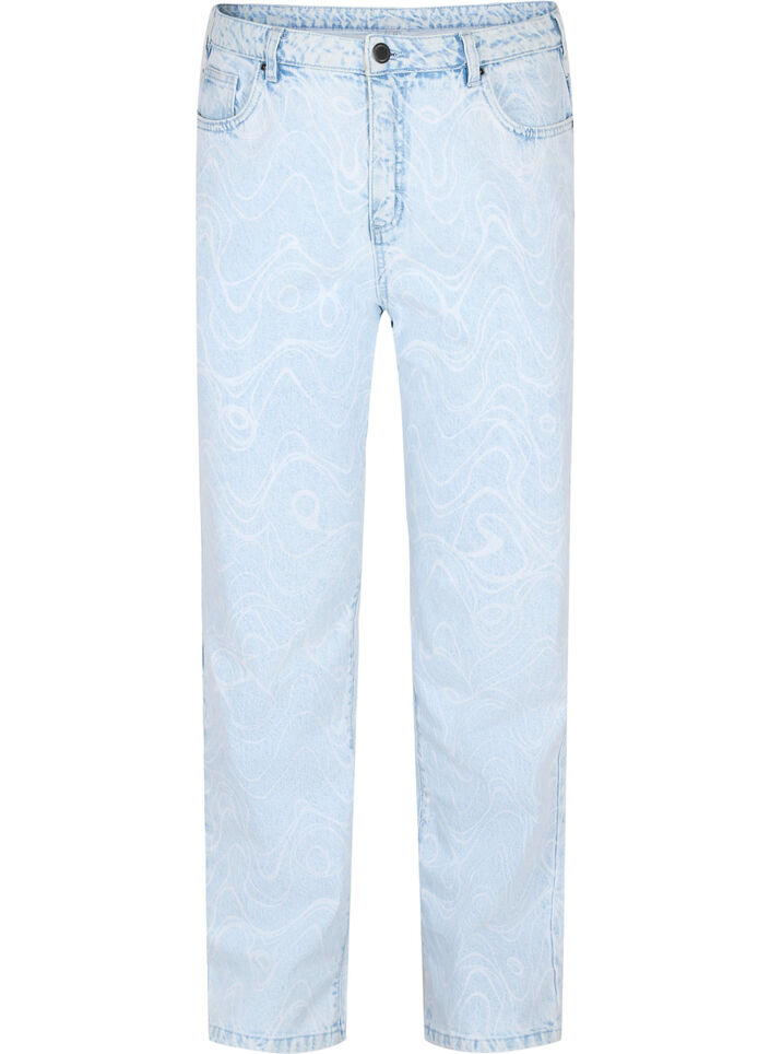 Cropped Mille Mom Jeans mit Print, Light blue denim, Packshot image number 0