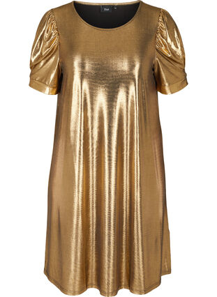Kleid mit kurzen Puffärmeln und A-Linie, Gold, Packshot image number 0