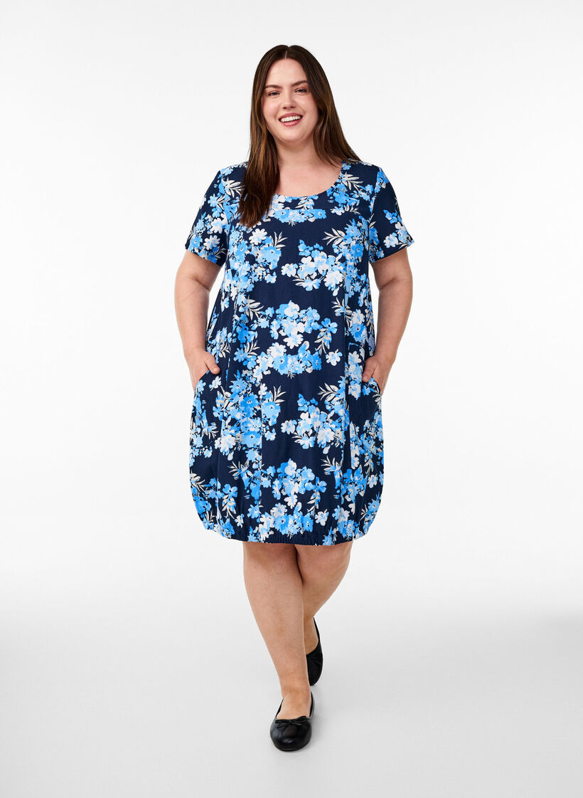 Kurzärmliges Baumwollkleid mit Print, Blau, Model image number 1