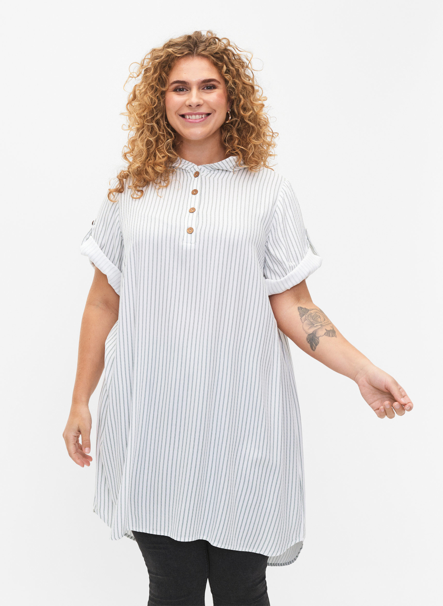 ZizziKurz&auml;rmelige Viskose-Tunika mit Kapuze, Chinois Green Stripe, Model image number 0